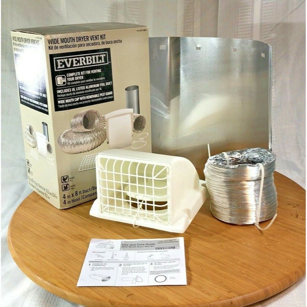 Everbilt Wide Mouth Cap Complete Dryer Vent Kit 610 665 4" Hood 8 Ft Duct New
